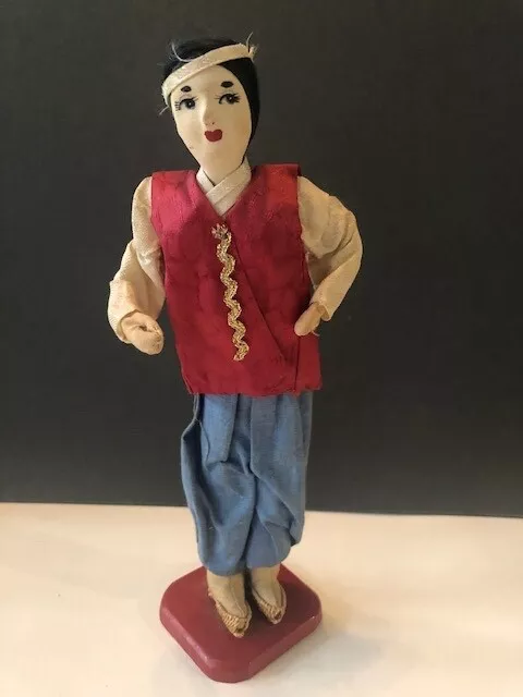 VINTAGE, Unique Asian, Seoul Korean Fabric / Straw Doll Wooden Base