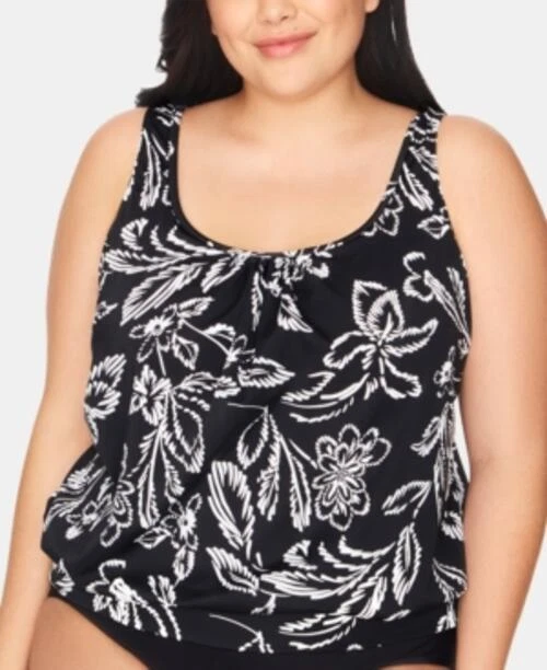 MSRP $79 Swim Solution Plus Size Printed Blouson Tankini Top Black Size 22W