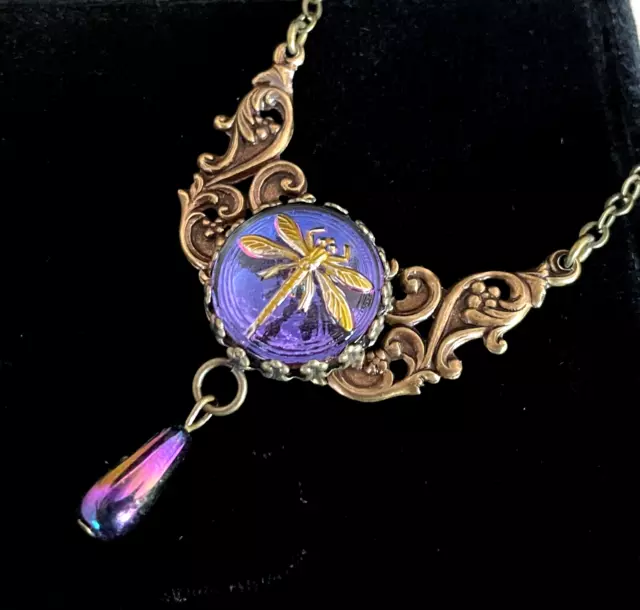 Vintage Necklace Art Nouveau Pendant Antique Iridescent Dragonfly Czech Glass