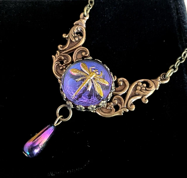 Vintage Necklace Art Nouveau Pendant Antique Iridescent Dragonfly Czech Glass