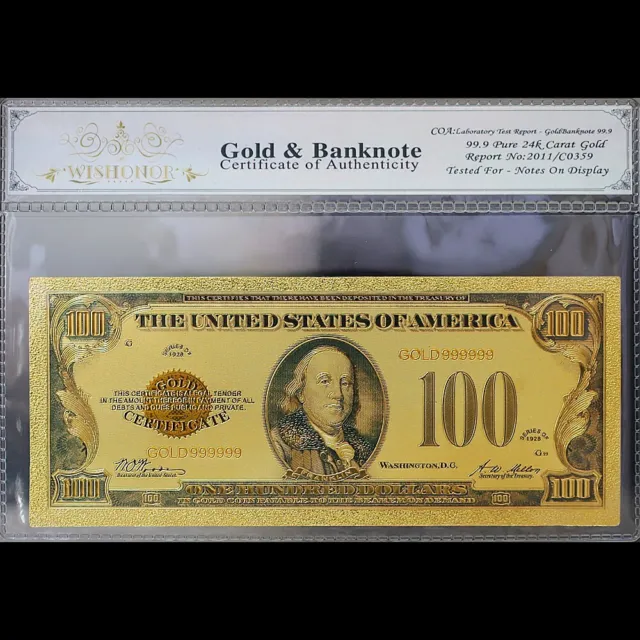 Gold 1928 $100 One Hundred Dollars Banknote Collectible with Bag & Certificate