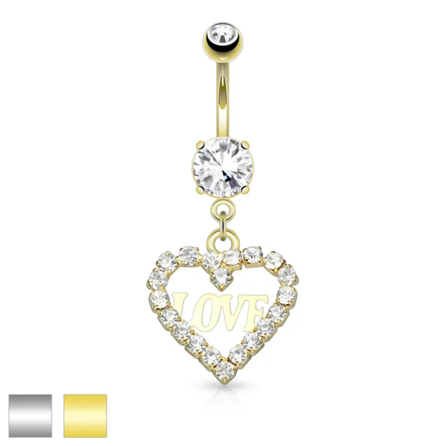 CZ Hollow Heart 14K Gold Plated Surgical Steel Navel Belly Button Ring 14g