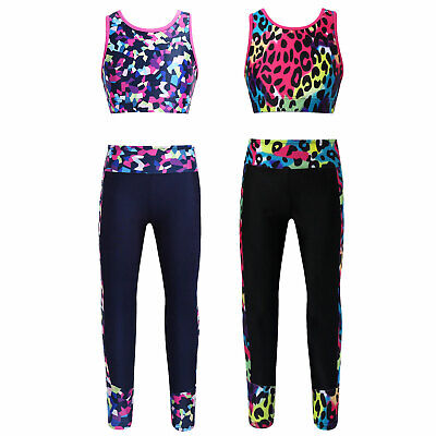 Kids Girls Activewear Set Crop Tops Athletic Leggings Outfits Gym Workout Dance