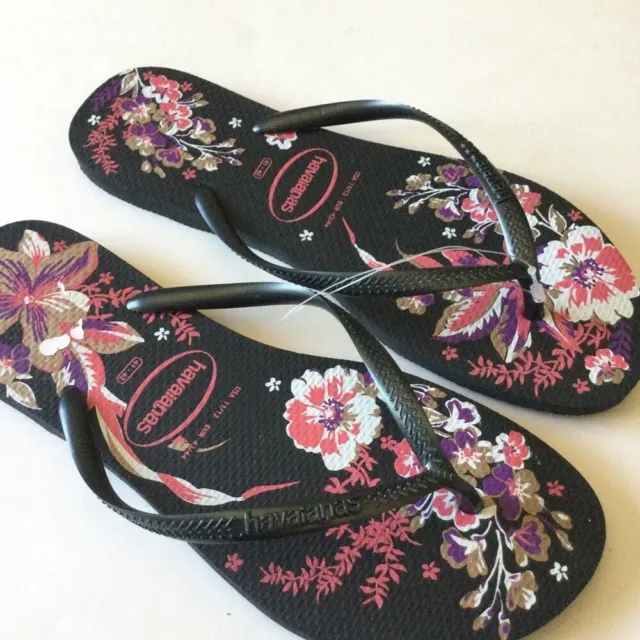 Havaianas Womens Slim Floral Print Flip Flops Black Pink Size 11/12 (41-42) Nwot