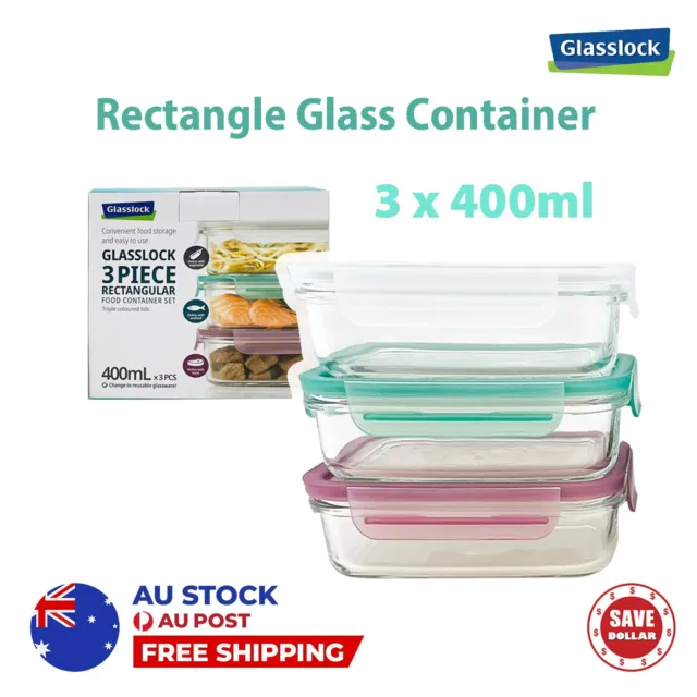 GLASSLOCK 400ml 3pc Rectangular Glass Container Lunch Meal Box Stackable Gift