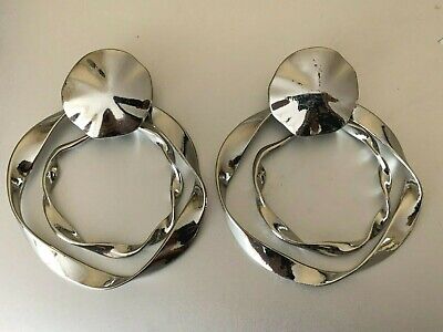 Huge Vintage French Designer Earrings - Double hoop - Silver tone - 7cm