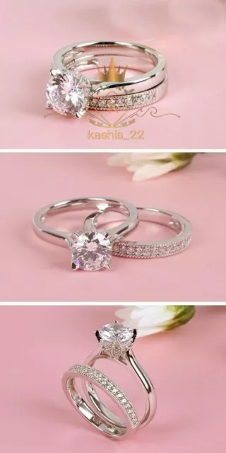 Moissanite Bridal Set Engagement Ring Solid 14K White Gold 2 CT Round Cut VVS1