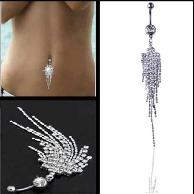 Body Piercing Silver Surgical Steel Belly Bar Button Crystal Dangle Navel Bars