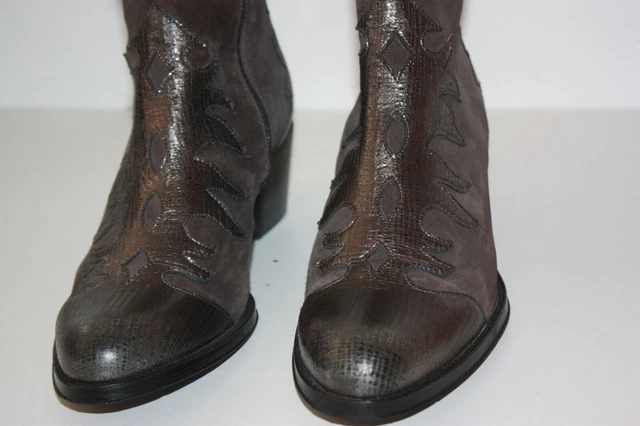 MURATTI Bottines Boots Tout Cuir Brodé Gris Foncé Motifs T 41 TBE