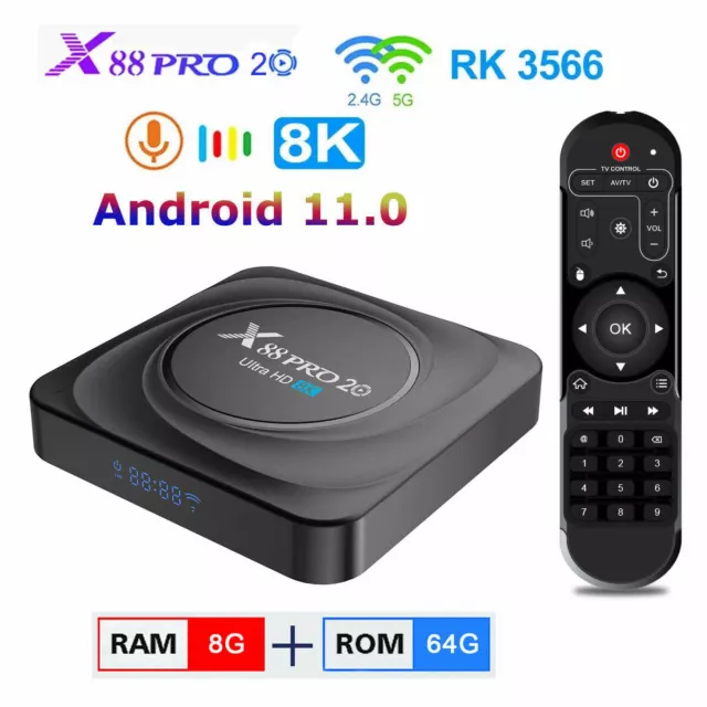 X88 Pro 20 Android 11 Smart TV Box 8GB+64GB 8K UHD Dual Band WIFI Bluetooth UK