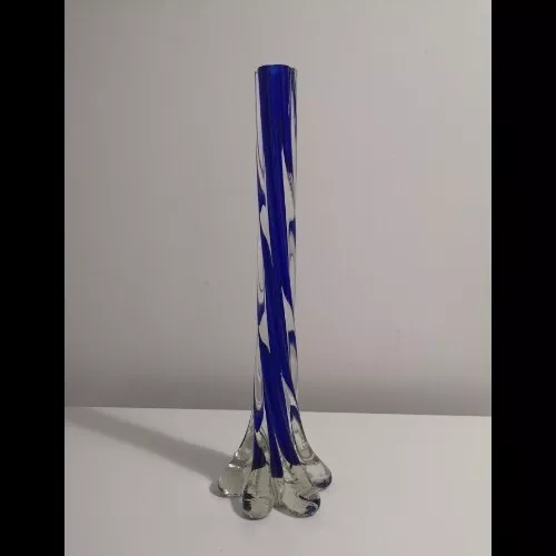 Tall Cobalt Blue Glass Twisted Bud Vase