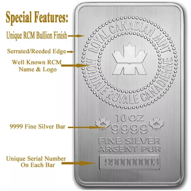 10 oz Royal Canadian Mint (RCM) .9999 Fine Silver Bar Sealed - In Stock