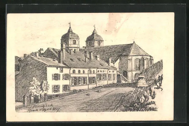 CPA Illustrateur Montmedy, vue de la rue avec l'Église 1916