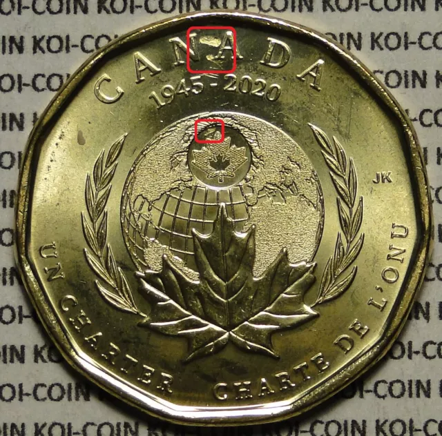 *ERROR*strike through*BU UNC Canada 1945-2020 $1 UN Charter plain coin