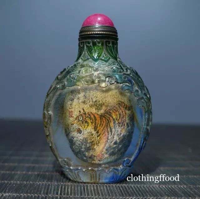 Old Collection Glass Handmade Zodiac Tiger Snuff Bottle with Inner Painting