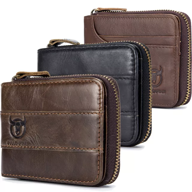 Mens Wallet Genuine Leather RFID Blocking Zip Around Bifold with Zip Coin Pocket