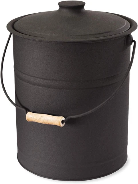 3 Gallon Black Large Ash Bucket with Lid and Wood Handle | 28 Gauge Galvanized I