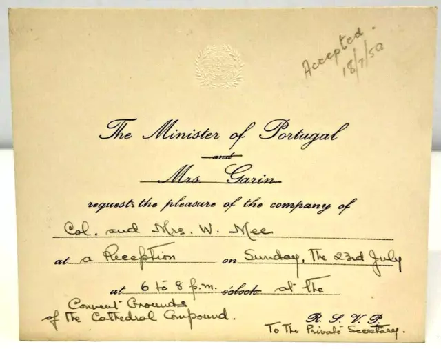 Invitation From Minister Portugal Reception Dinner 1950