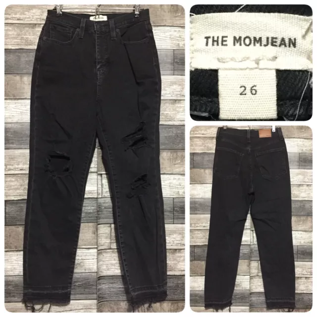 Madewell The Mom Jeans Women’s 26 Black Distressed Raw Hem (Inseam 25)