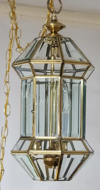 Vintage Large Brass Fixture. Beveled Glass. Three Bulb. Swag Kit 12ft Chain