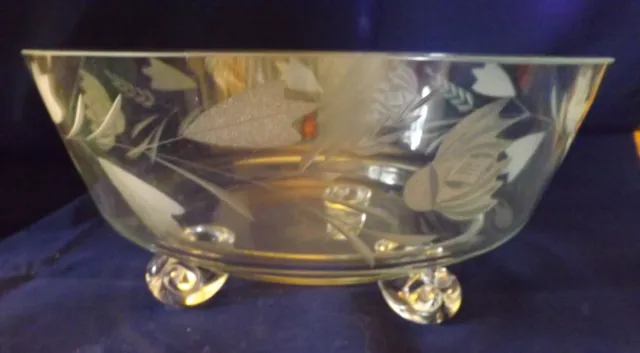 Vintage Footed Clear Glass Bowl w/ Frosted Leaves