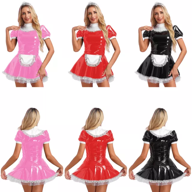 UK Women's Wet Look PVC Leather French Maid Costume Tutu Dress Cosplay Clubwear