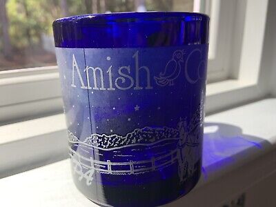 AMISH COUNTRY Coffee Cup Mug Blue Covered Bridge Horse Buggy LANCASTER Cobalt