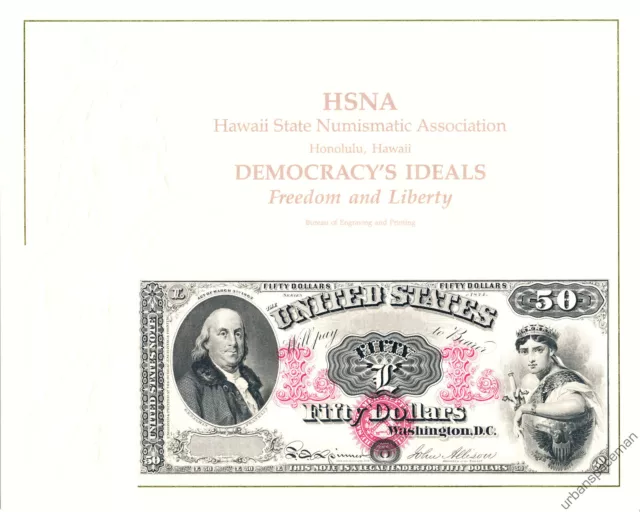 B144 HSNA '90 BEP Souvenir Card $50 Legal Tender 1874 (face) Mint