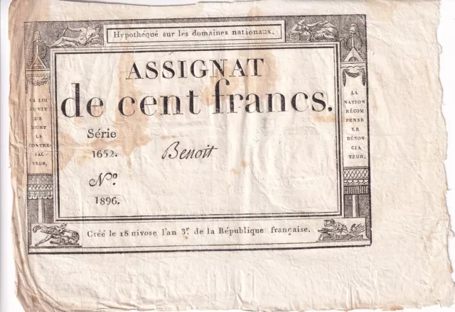 100 Francs - 18 Nivose An III - (07.01.1795) - Sign. Benoit - Série 1652