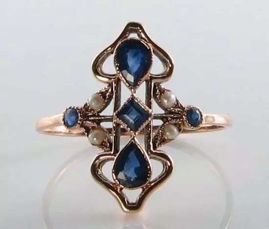 Divine 9Ct 9K  Rose Gold Blue Sapphire & Pearl Art Deco Ins Ring Free Resize