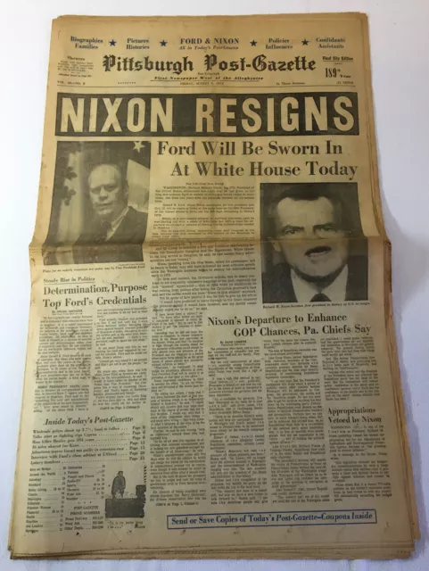 August 9, 1974 Pittsburgh Post-Gazette Richard Nixon Resigns, Gerald Ford