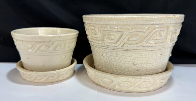 McCoy Hobnail Greek Key White Flower Pots 6" 4" Planters Saucers 1940’s