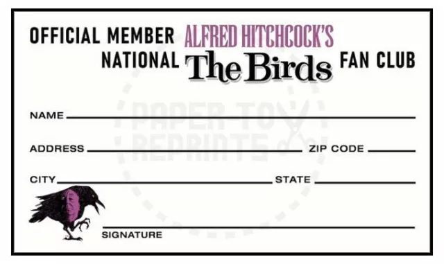 Hitchcock's The Birds - National Fan Club Membership Card - Vintage Fantasy