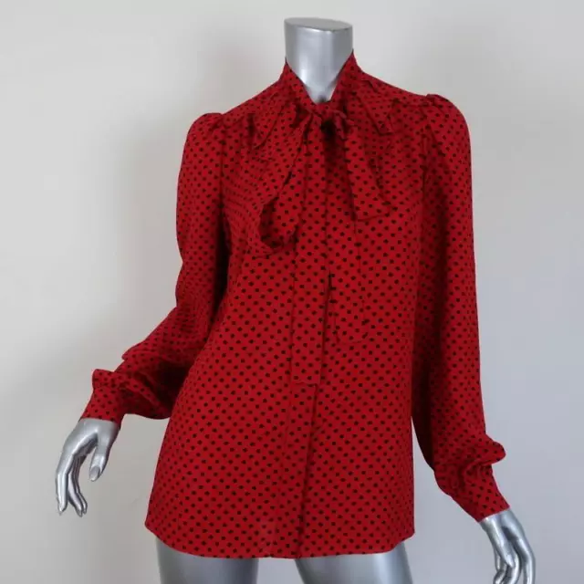 Michael Kors Collection Pussy Bow Blouse Red/Black Polka Dot Silk Size 4