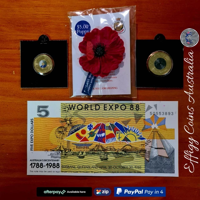 Rare Set $5 Five Expo 88 $1 Donation $2 War Anniversary Coin Red Poppy Pin RSL
