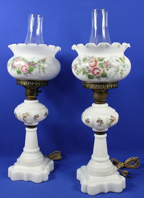 Vintage Pair Hand Painted Milk Glass & Brass Metal Hurricane Parlor Table Lamp