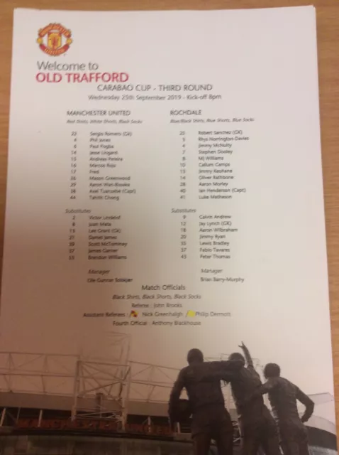 Manchester United v Arsenal 30.09.19 Full Colour Teamsheet