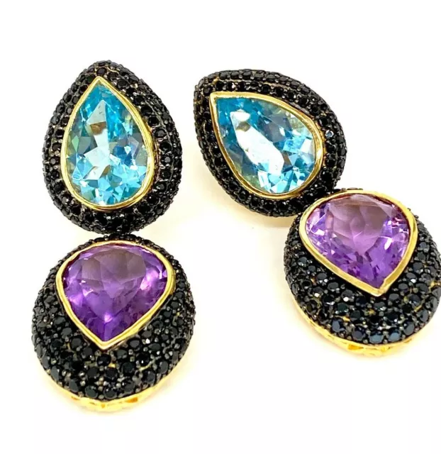 Meher's Jewelry Yellow Vermeil Amethyst & Blue Topaz Gemstone SS Drop Earring.