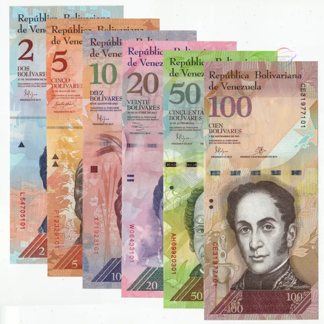 VENEZUELA 2 5 10 20 50 100 Bolivars LOT 6 PIÈCES 2007-2015 P-88 89 90 91 92 93 UNC