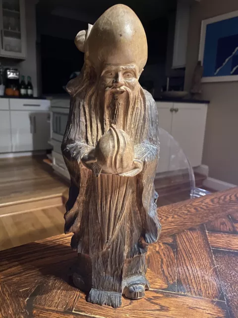 Antique Chinese Wood Carving Shou Lao God of Longevity Shou Xing