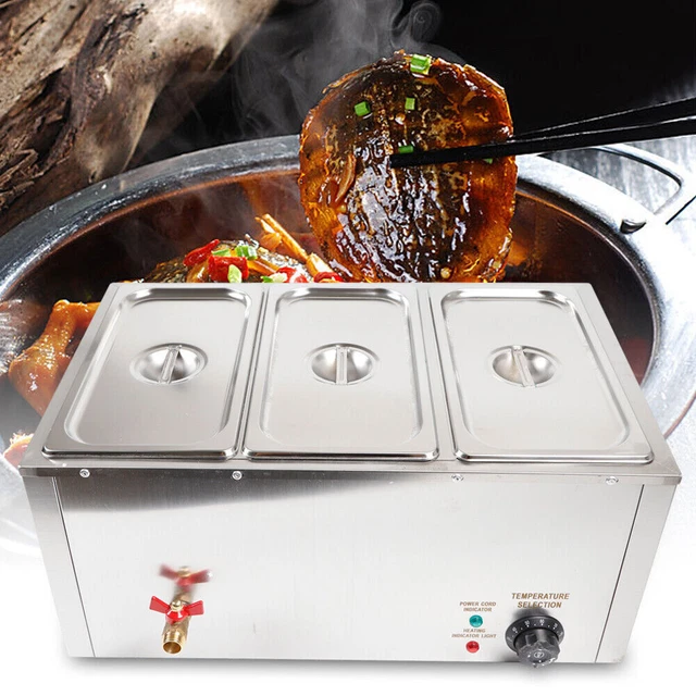 850W 3 Behälter Edelstahl Bain Marie Wasserbad Speisenwärmer Warmhalter 220V