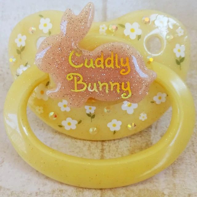 Gold Bunny Flower Daisy Decorated Adult Size Pacifier Deco Sticker Paci Stim Toy
