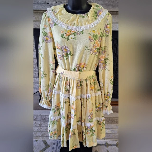 Vintage Square Dance Dress Swing Floral Yellow Small Long Sleeve Ruffled Tiered