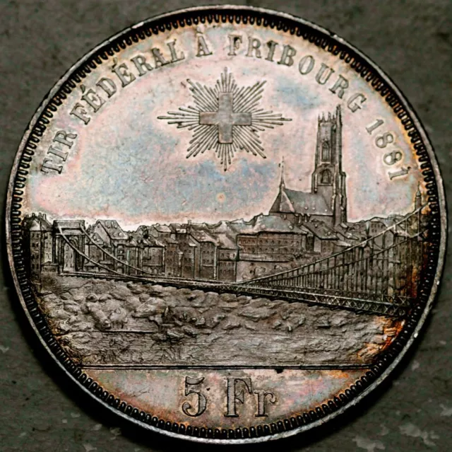 Switzerland Fribourg Shooting Festival Silver 5 Francs 1881 (Mirror-Like Unc!) 2