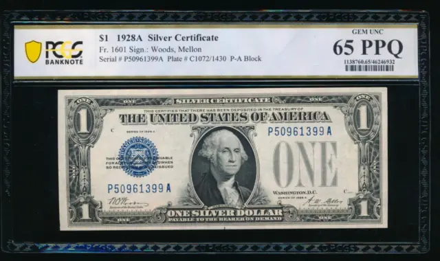 AC 1928A $1 Silver Certificate PCGS 65 PPQ P-A block  Fr 1601