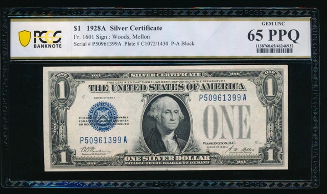 AC 1928A $1 Silver Certificate PCGS 65 PPQ P-A block  Fr 1601
