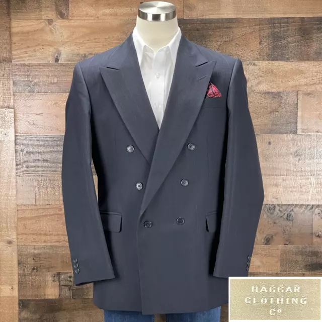 Haggar Wool Suit Jacket Sport Coat Blazer Double Breasted Navy Pinstripe 42L