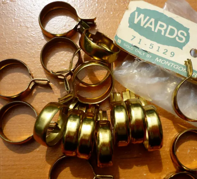(14) Vintage Solid Brass 7/8" Clip-On Cafe Curtain Drapery Rings Montgomery Ward