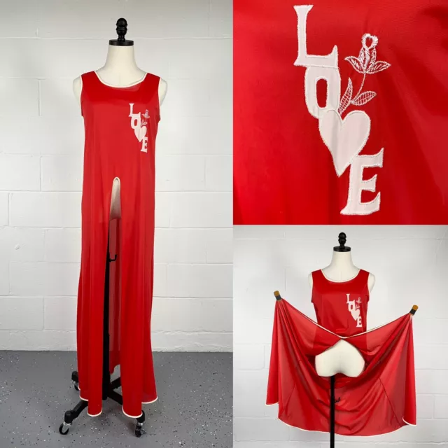 Vintage 60s Red Nylon LOVE Negligee High Peekaboo Front Slit Hippie Nightgown M