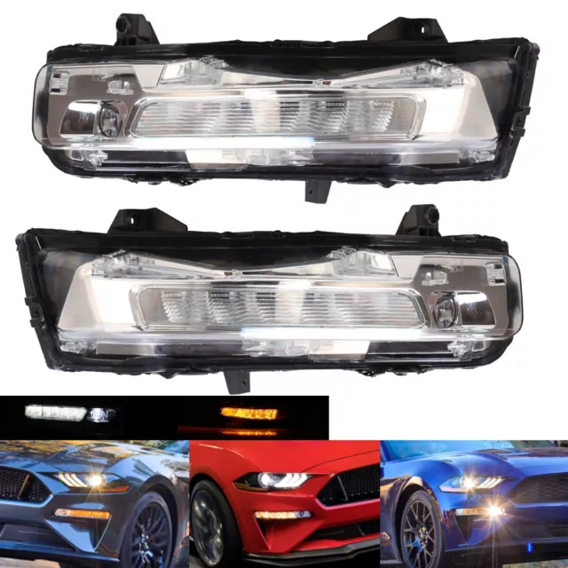 Pair For 2018-2023 Ford Mustang Clear Bumper LED DRL Fog Lights Turn Signal Lamp